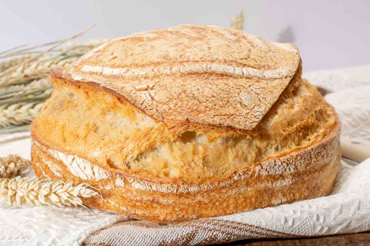 Sourdough bread on a kitchen towel.