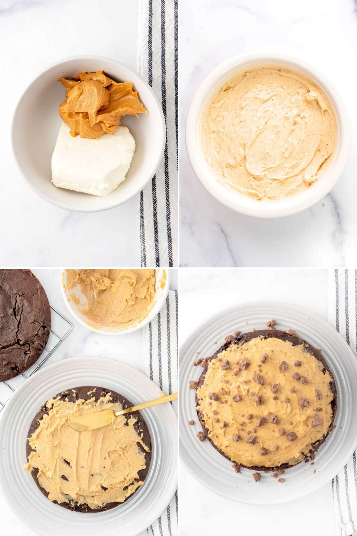 Making peanut butter cream cheese frosting and decorating a cake with it.