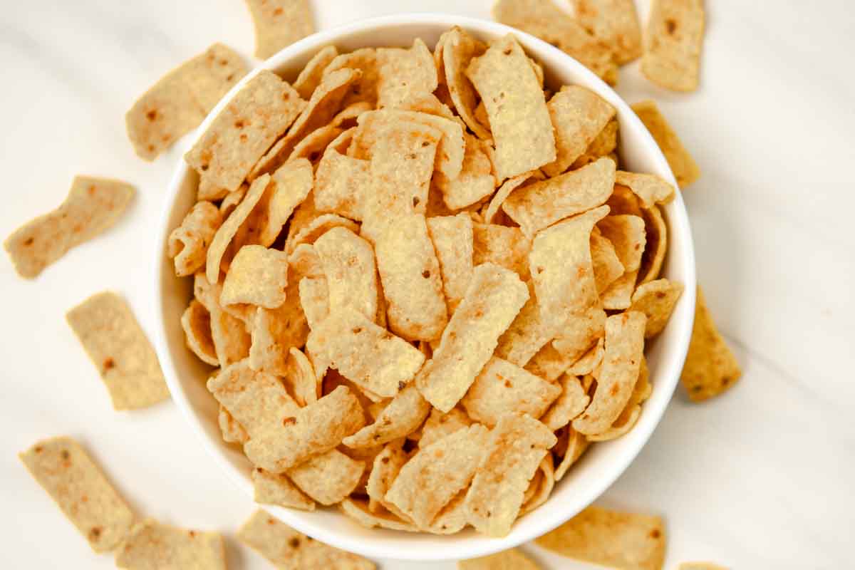 Overhead view of Fritos corn chips in a bowl.