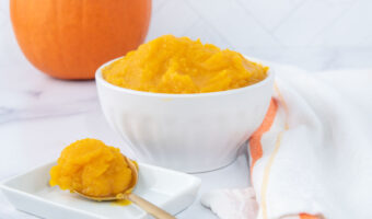 Homemade pumpkin puree for dogs in a bowl and on a spoon.