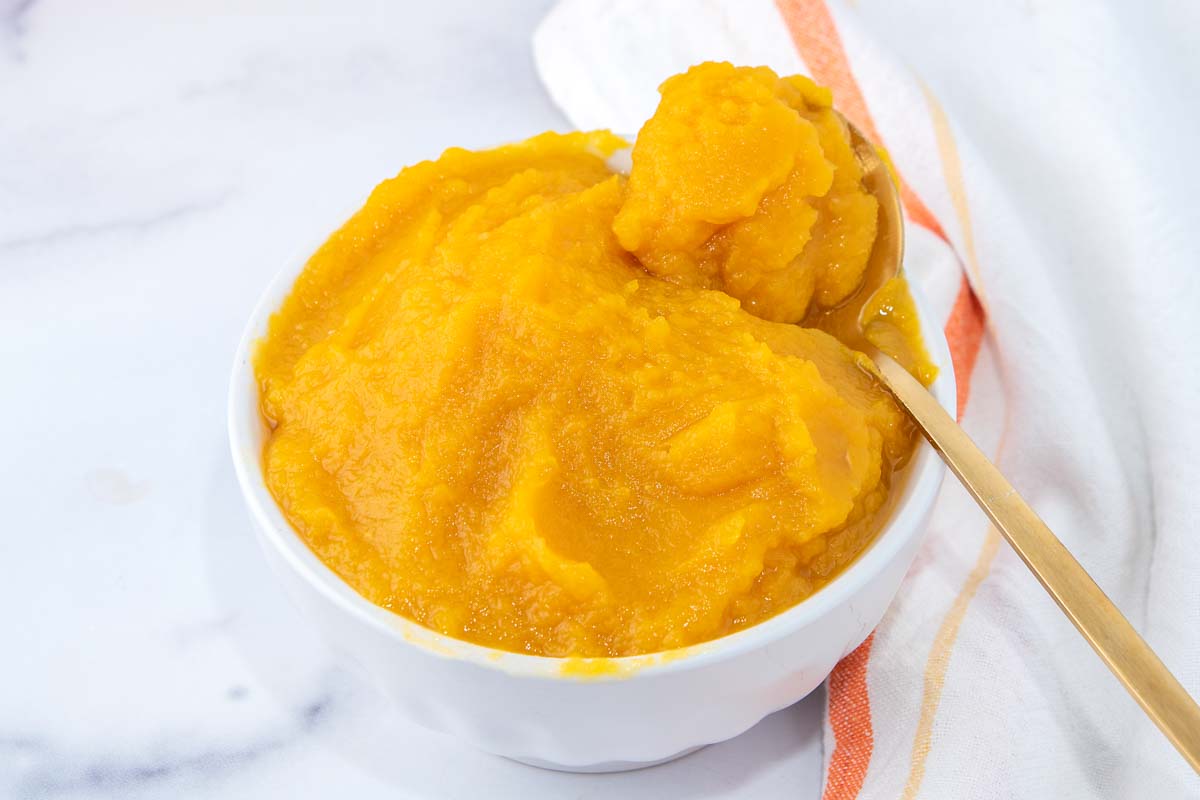 Homemade pumpkin puree for dogs and a spoon in a bowl.