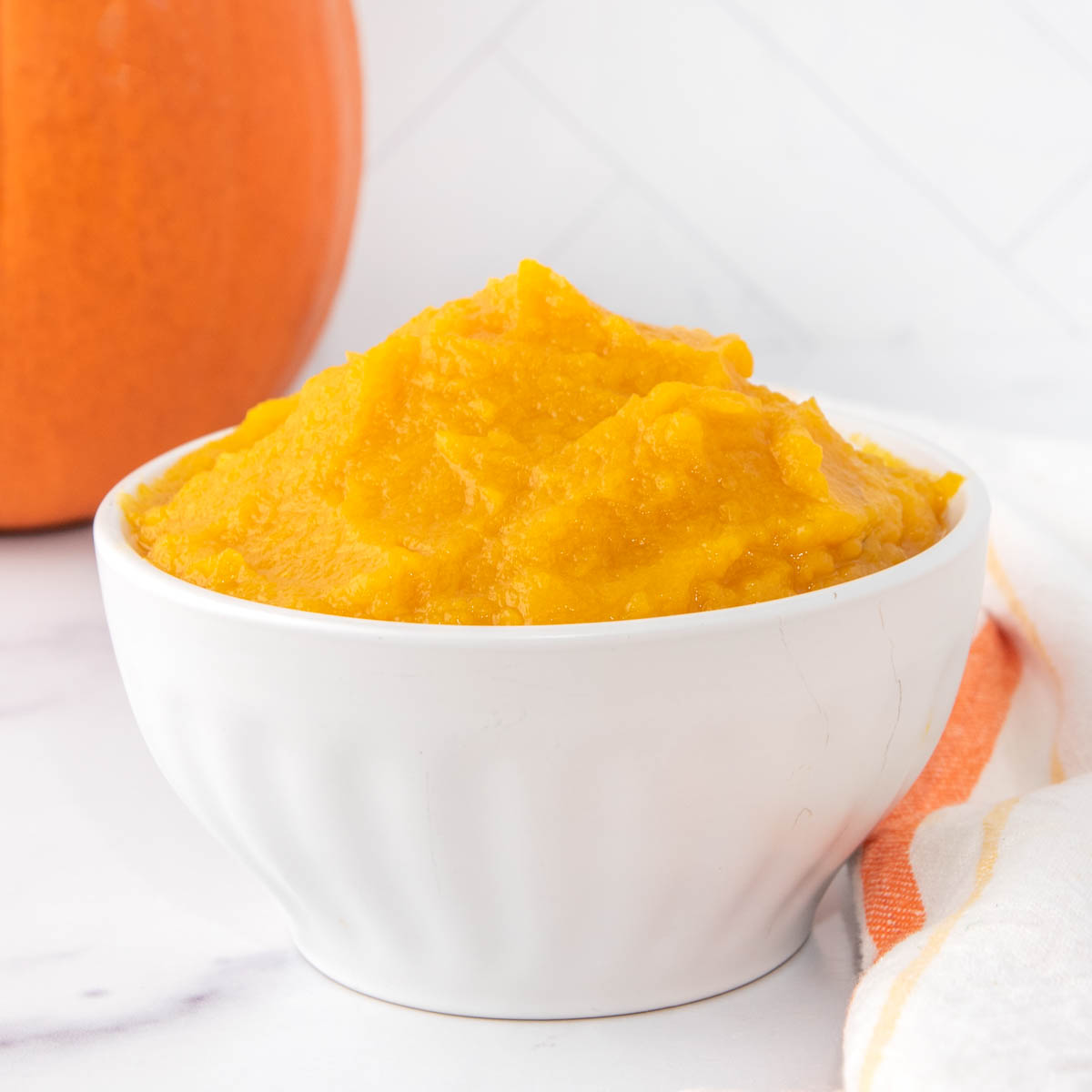 Homemade pumpkin puree for dogs in a bowl.