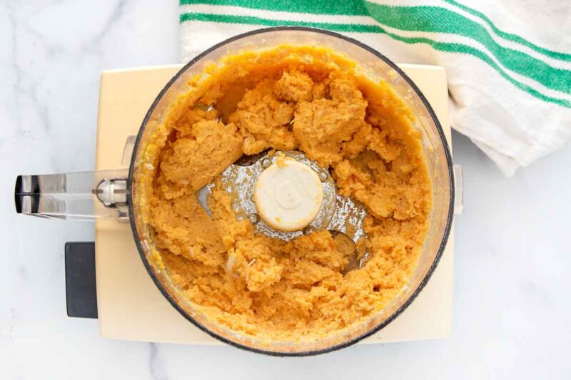 Turkey, sweet potato, and egg mixture in a food processor.