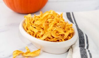 Homemade dehydrated pumpkin for dogs in a bowl.