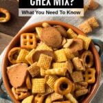 A bowl of Chex snack mix.
