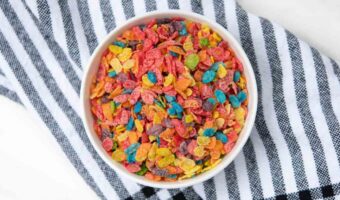 Fruity Pebbles cereal in a bowl.