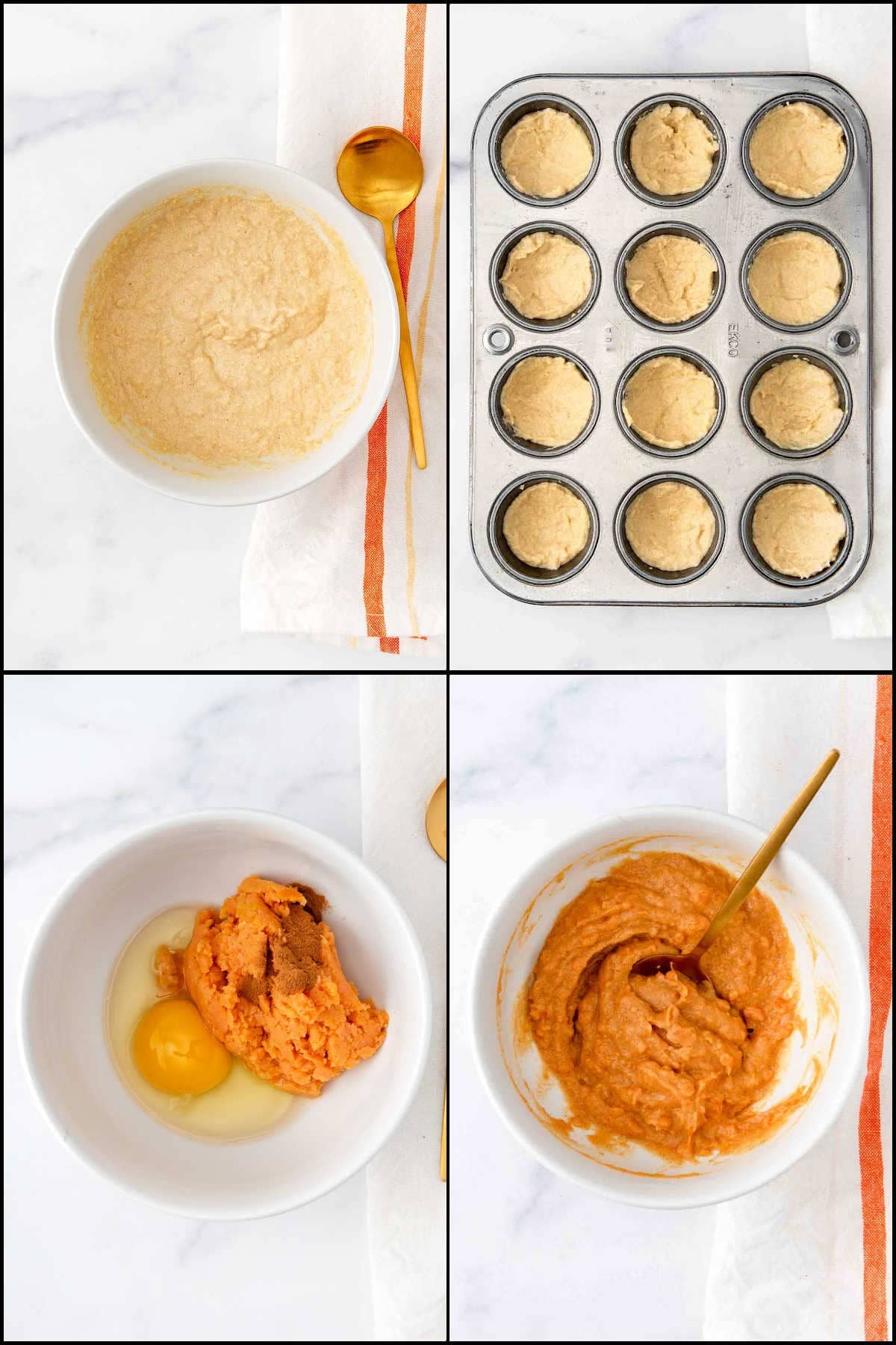 Collage of steps for making crust and filling for sweet potato pie for dogs.