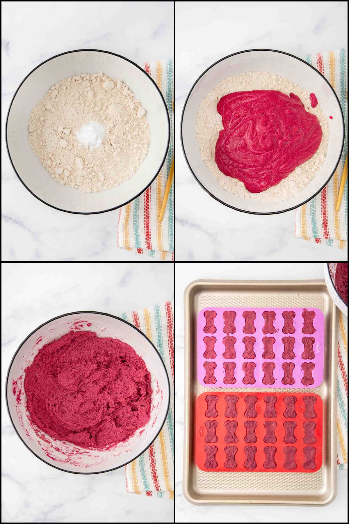 Collage of making dough for beet dog treats.