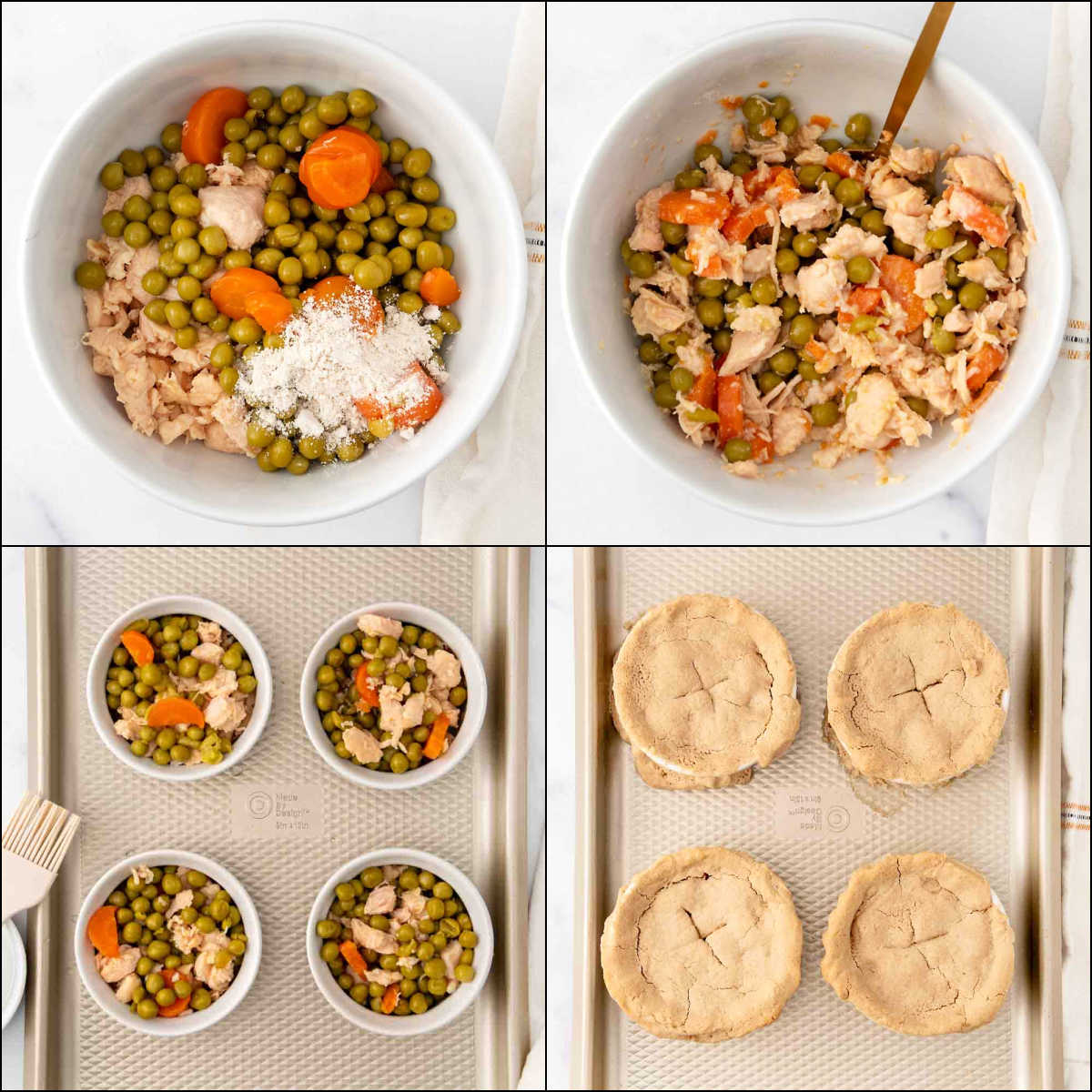 Collage of making filling and baking chicken pot pie for dogs.