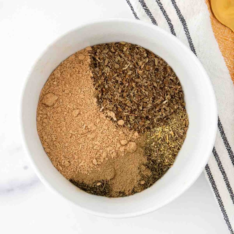 Ingredients for homemade dog food seasoning in a bowl.