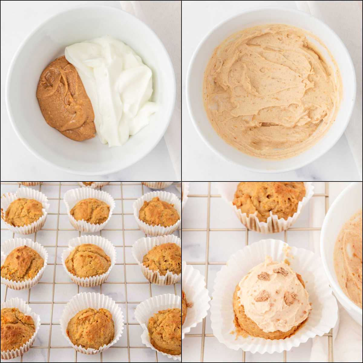 Collage of making frosting and putting it on carrot pupcakes.