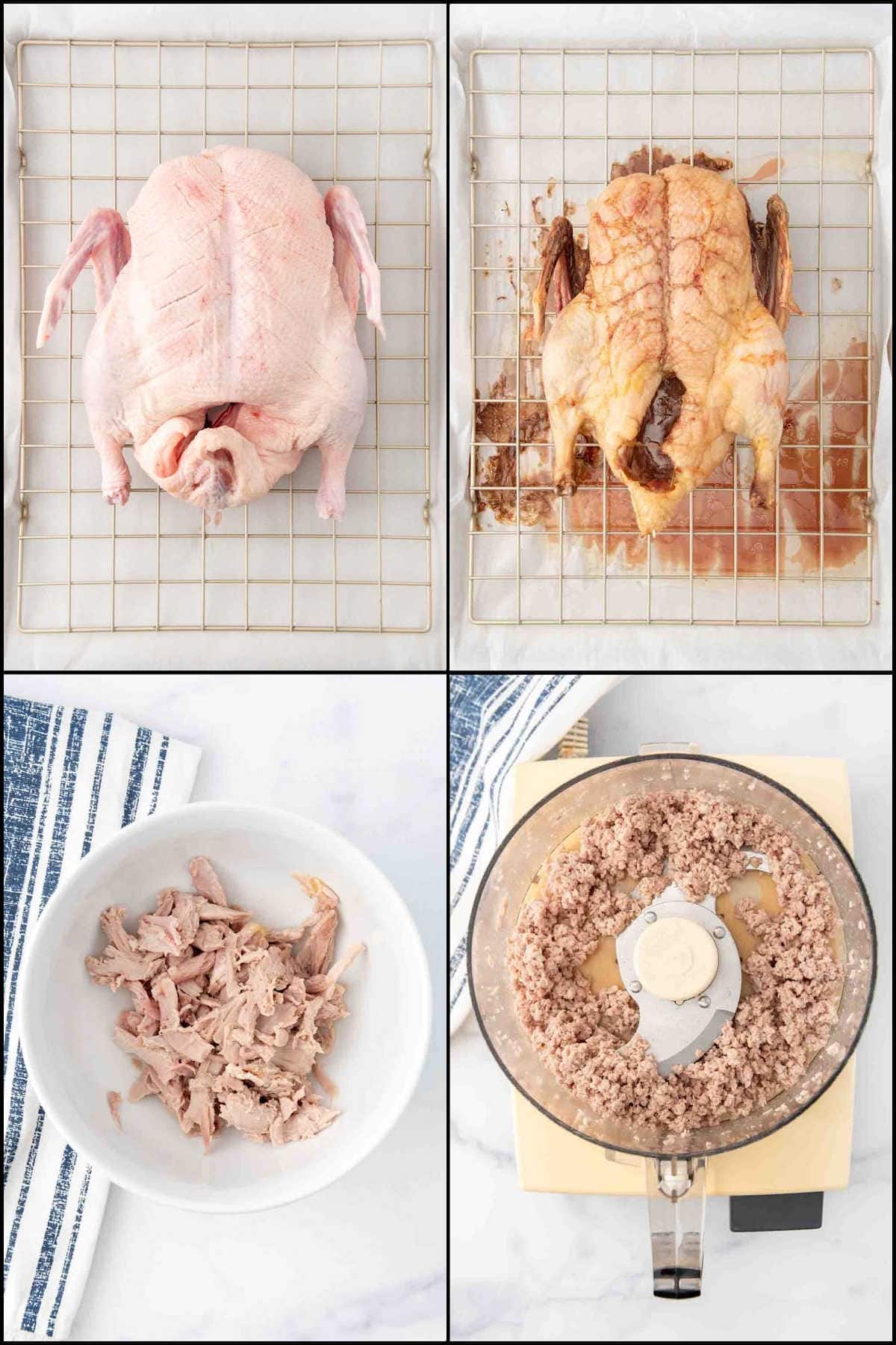 Collage of cooking duck for dog treats.