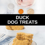 Duck dog treats ingredients and the finished treats on a plate.