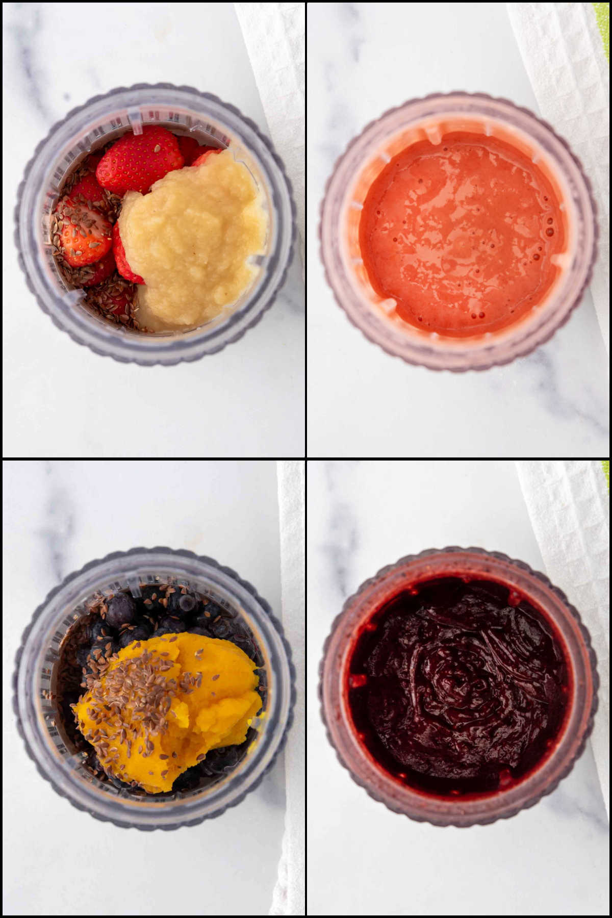 Collage of blending fruit and flax seeds for making fruit leather dog treats.