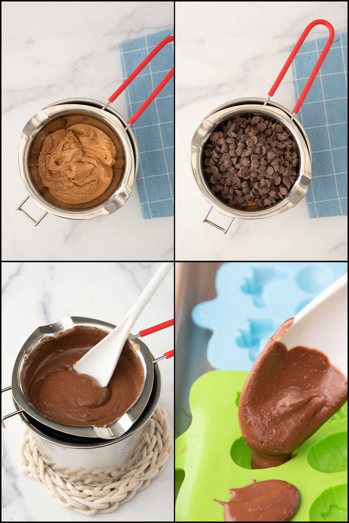 Collage of making carob peanut butter Easter dog treats.