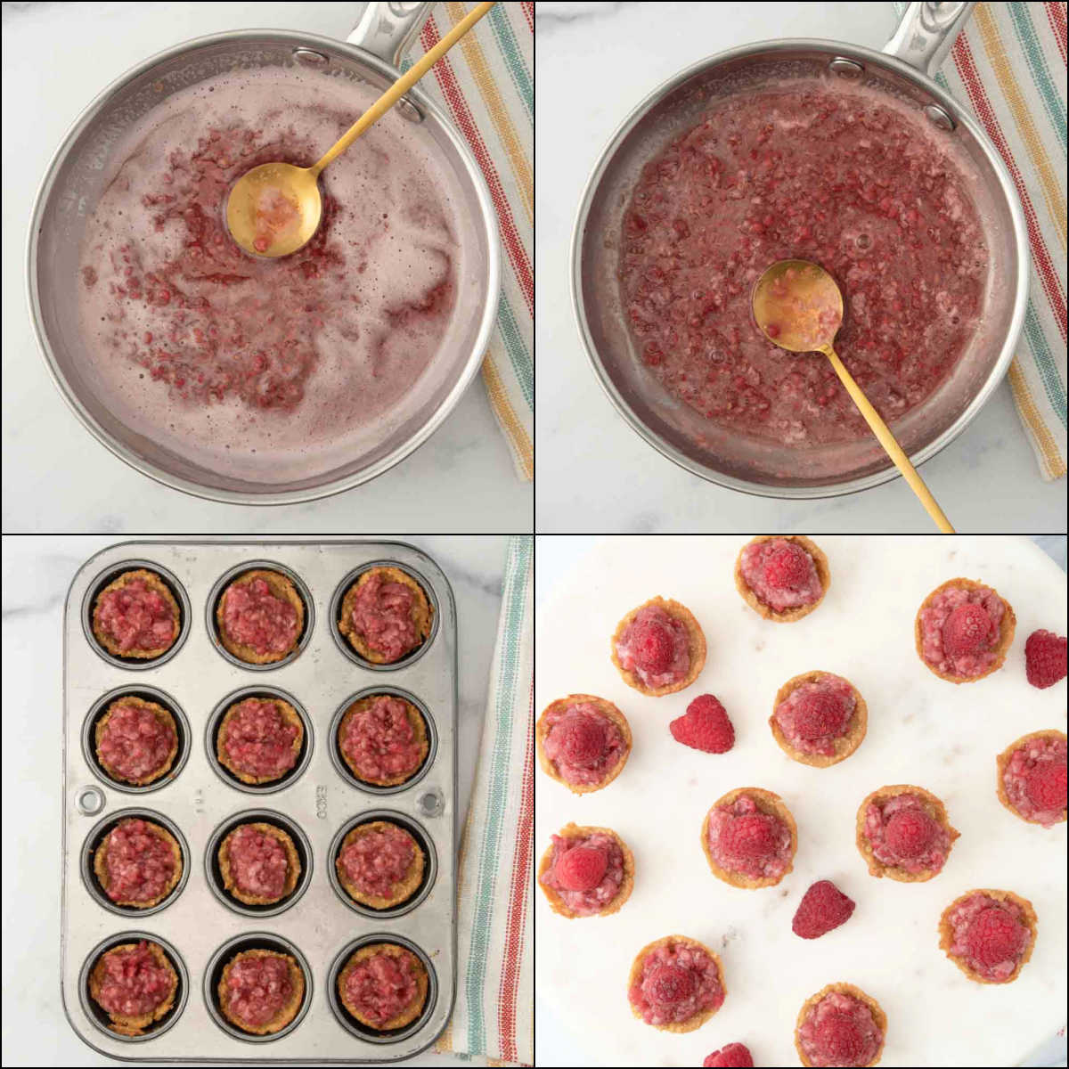 Collage of making filling for fruit tarts for dogs.