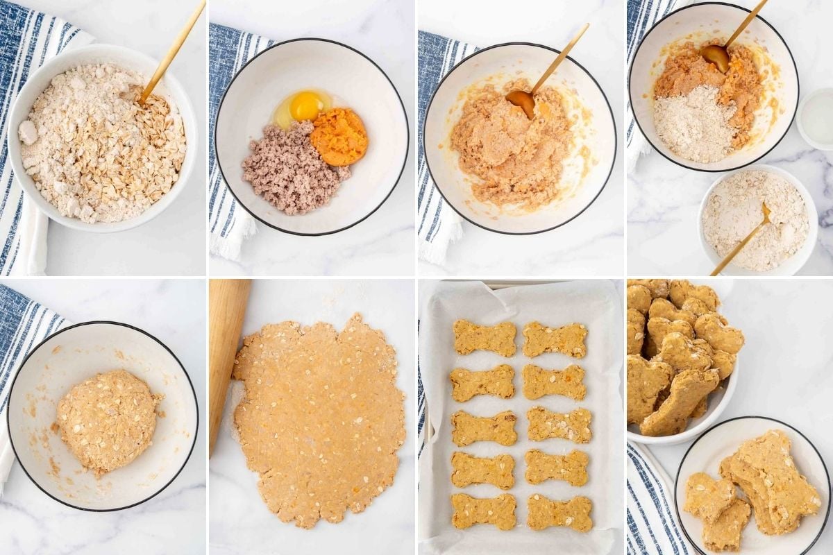 making crunchy dog treats with duck, sweet potato, and oats.