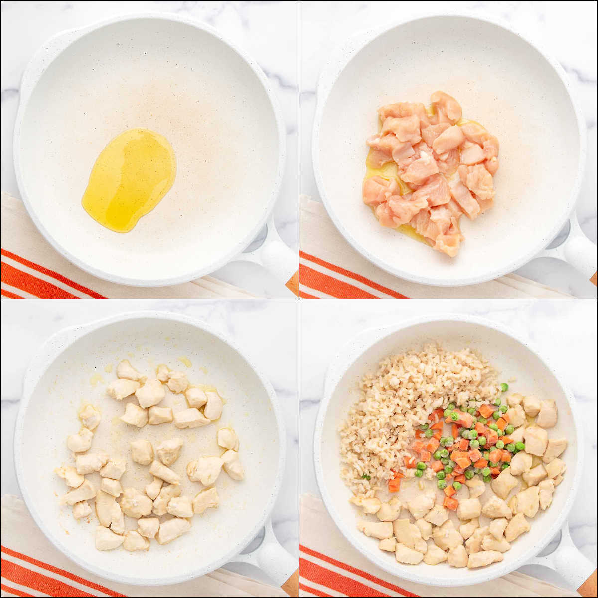 Collage of cooking chicken, veggies, and rice for fried rice for dogs.