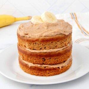 Homemade banana dog cake with peanut butter frosting.