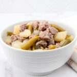 Homemade rabbit dog food in a bowl.