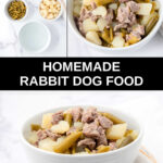 Homemade rabbit dog food ingredients and the food in bowls.