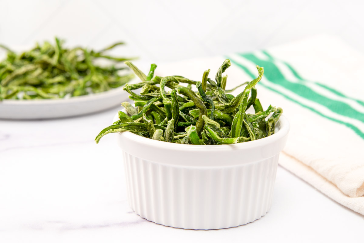 Homemade dehydrated green beans for dogs in a ramekin and on a plate.