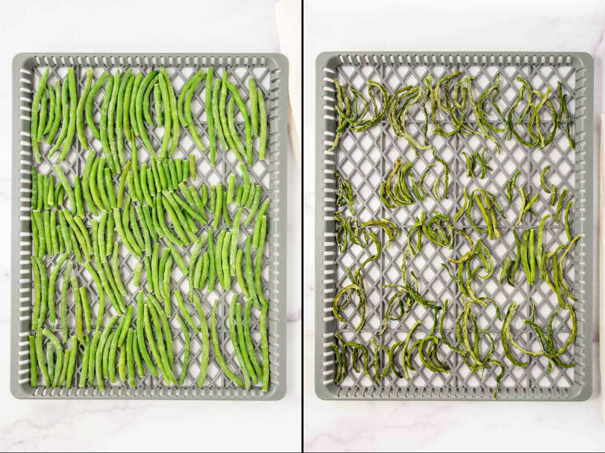 Making dehydrated green beans for dogs.