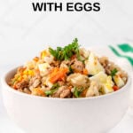 Homemade dog food with eggs garnished with fresh parsley.