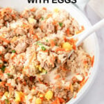 Homemade dog food with eggs and a large spoon in a skillet.
