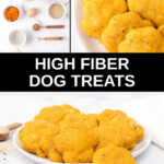 Homemade high fiber dog treats ingredients and the treats on a plate.