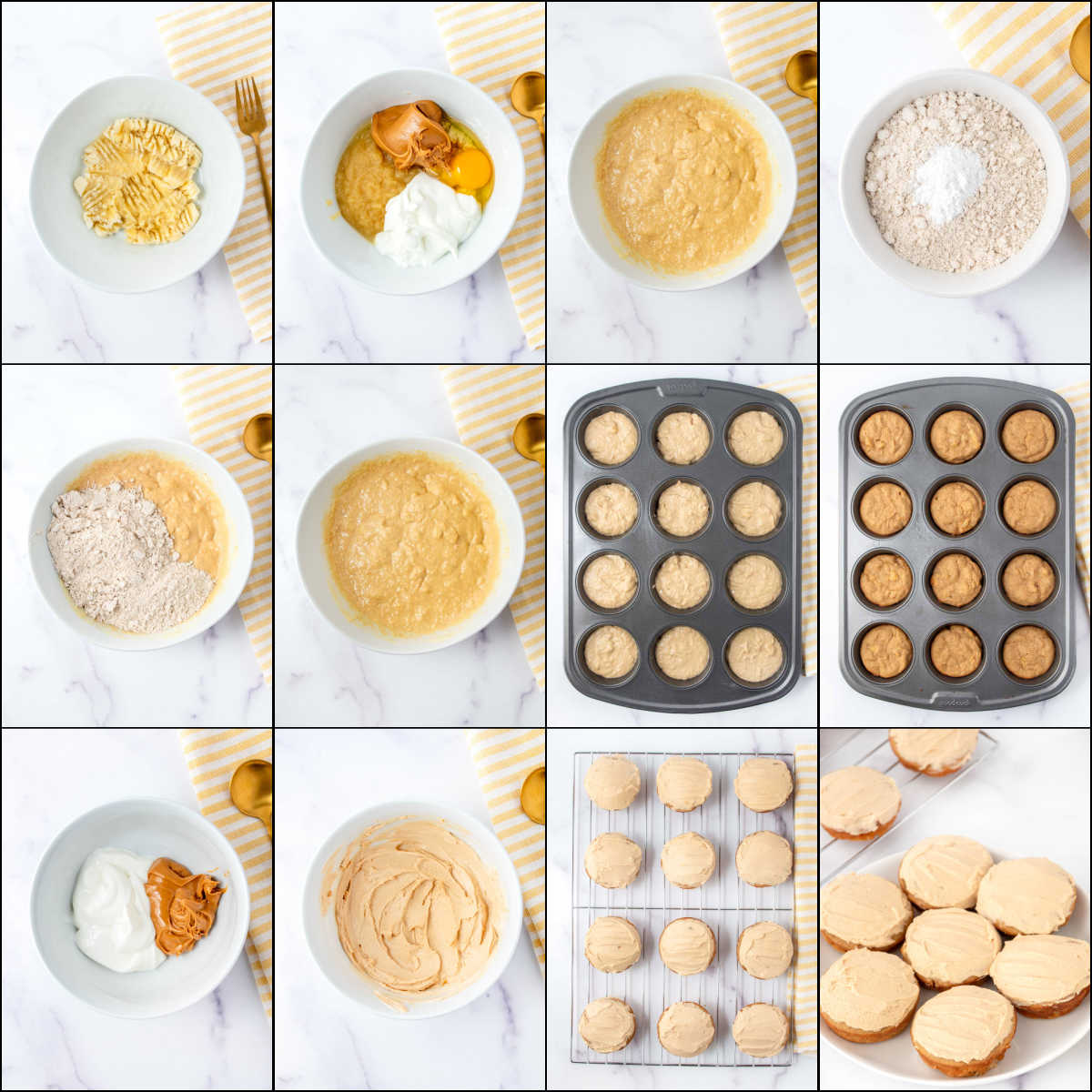 Making peanut butter banana pupcakes.