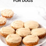 Peanut butter banana cupcakes for dogs on a plate and wire rack.