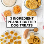 Homemade 3 ingredient peanut butter dog treats ingredients and the baked treats.