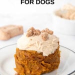 Homemade peanut butter pumpkin microwave cake for dogs with frosting.