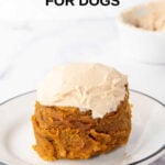 Homemade microwave mug cake for dogs with frosting on a plate.