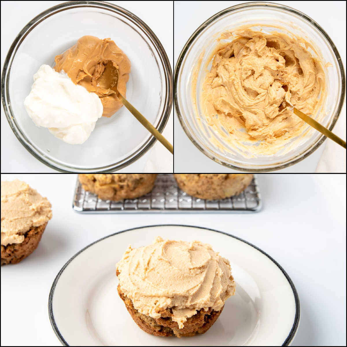 Making peanut butter yogurt frosting for apple pupcakes.