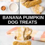 Homemade banana pumpkin dog treats ingredients and the treats in a bowl.