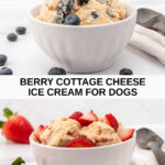 Blueberry and strawberry cottage cheese ice cream for dogs in bowls.