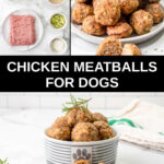 Homemade chicken meatballs for dogs ingredients and the meatballs on a plate.