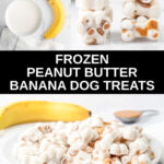 Homemade frozen peanut butter banana dog treats ingredients and the treats on a plate.