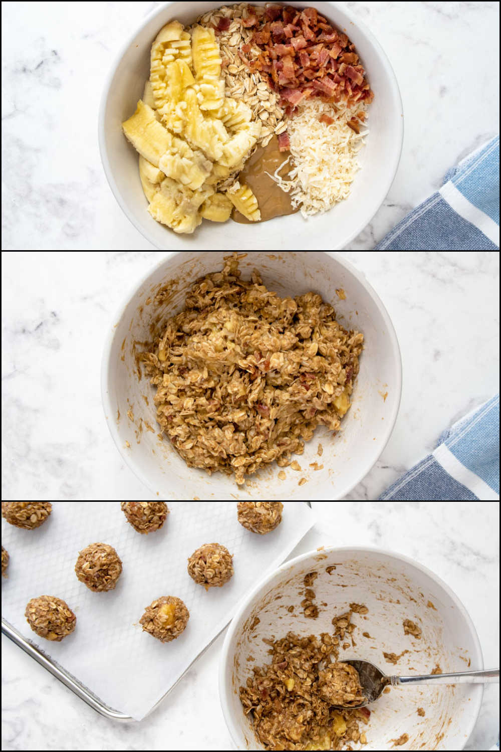 Making no bake banana dog treats.