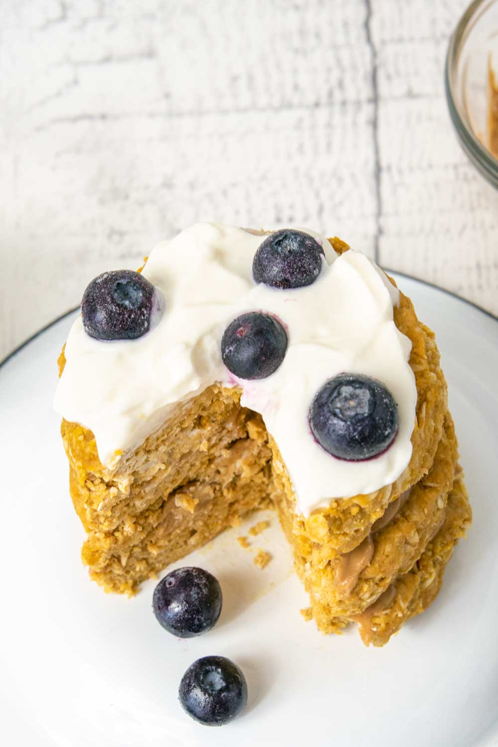Homemade oatmeal peanut butter no bake dog cake on a plate.