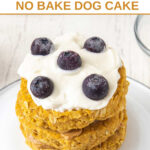 Homemade oatmeal peanut butter no bake dog cake topped with yogurt and blueberries.