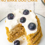 Homemade oatmeal peanut butter no bake dog cake with a slice cut out of it.
