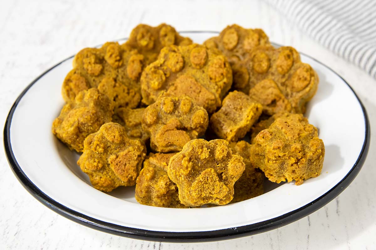 A bowl of homemade peanut butter pumpkin dog treats.