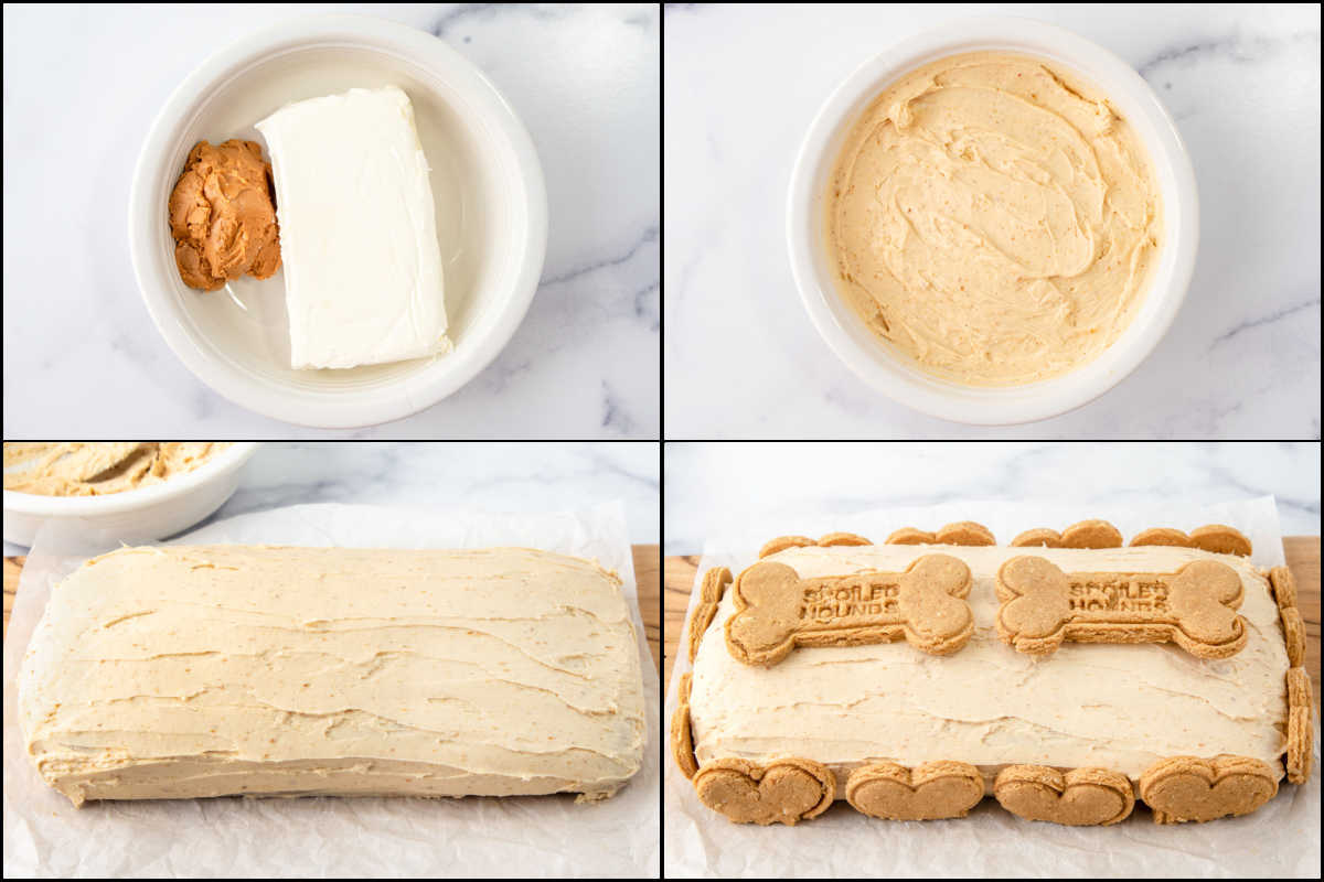 Making peanut butter cream cheese frosting for pumpkin dog cake.