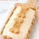 Homemade pumpkin dog cake on a wood serving board.