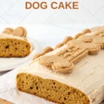 Homemade pumpkin dog cake with peanut butter cream cheese frosting.