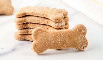 Homemade 2 ingredient dog treats in a stack and one in front of it.