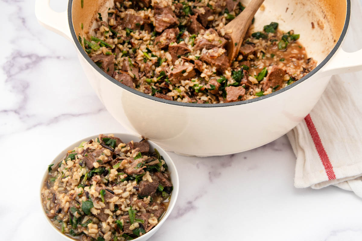Homemade braised beef and wild rice dog food in a Dutch oven and bowl.